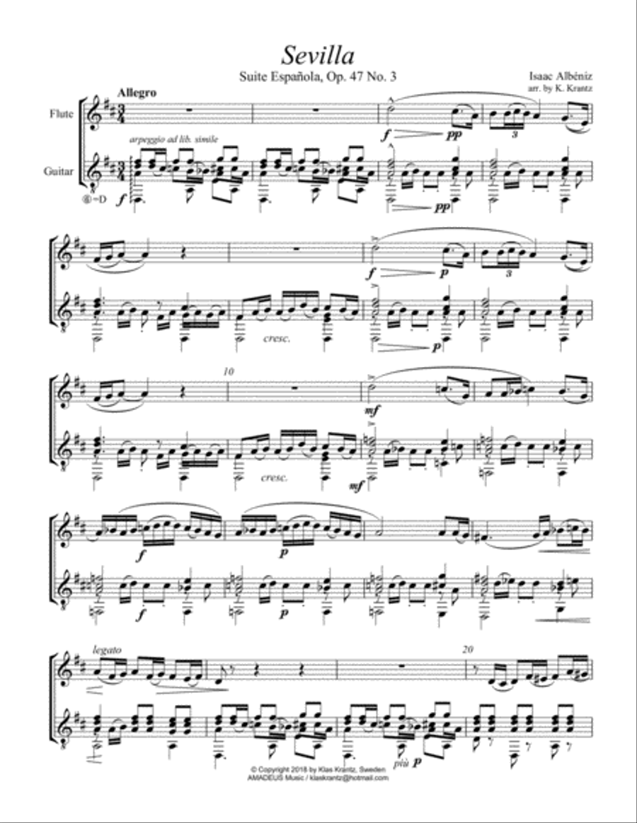 Sevilla Op. 47 No. 3 for flute and guitar (D Major) Flute scores gallery preview page 2