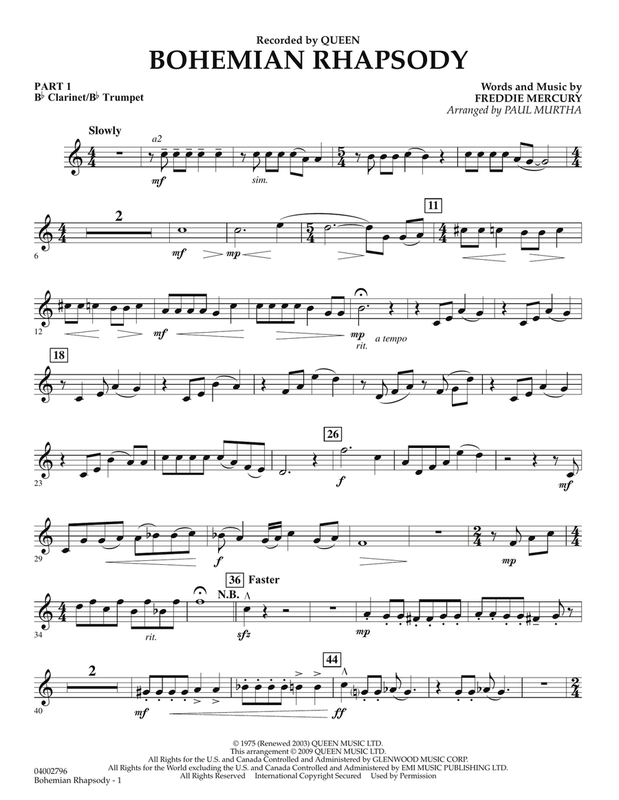 Bohemian Rhapsody - Pt.1 - Bb Clarinet/Bb Trumpet Concert Band scores gallery preview page 1