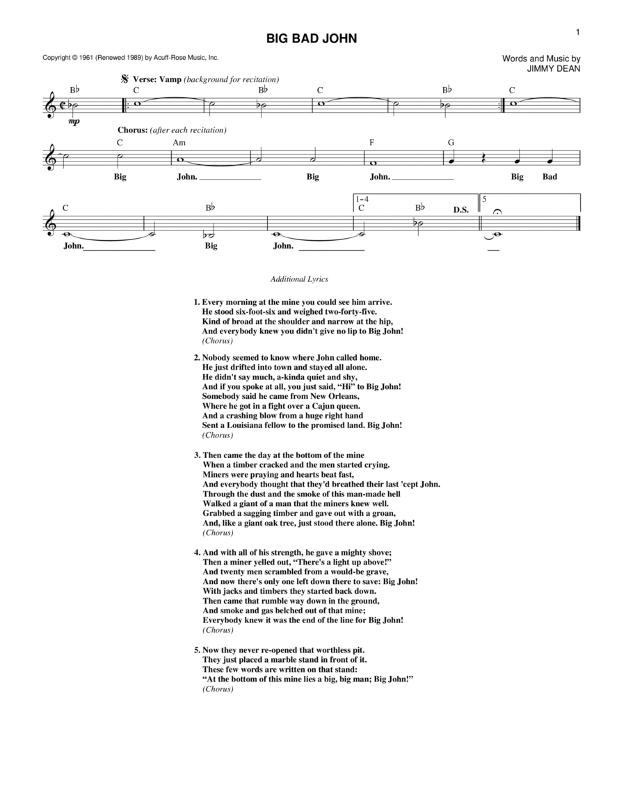 Big Bad John Piano, Vocal, Guitar scores gallery preview page 1