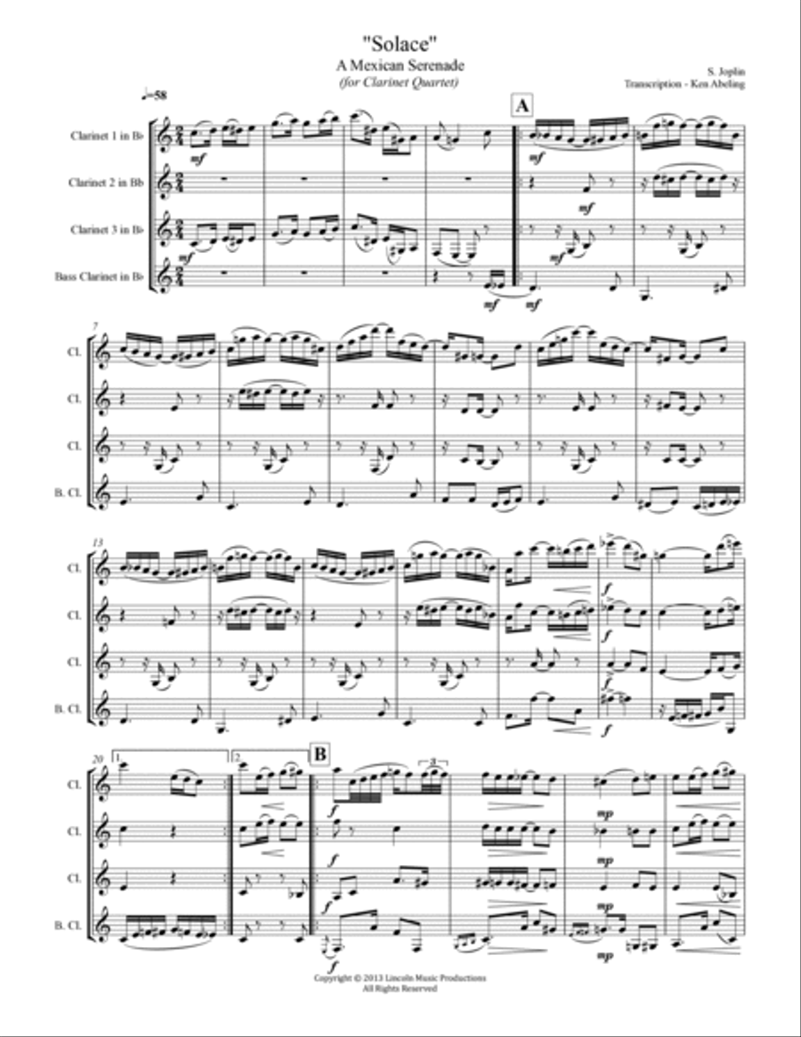 Joplin - “Solace” - A Mexican Serenade (for Clarinet Quartet) Joplin - “Solace” - A Mexican Serenade (for Clarinet Quartet) Clarinet Quartet scores gallery preview page 2