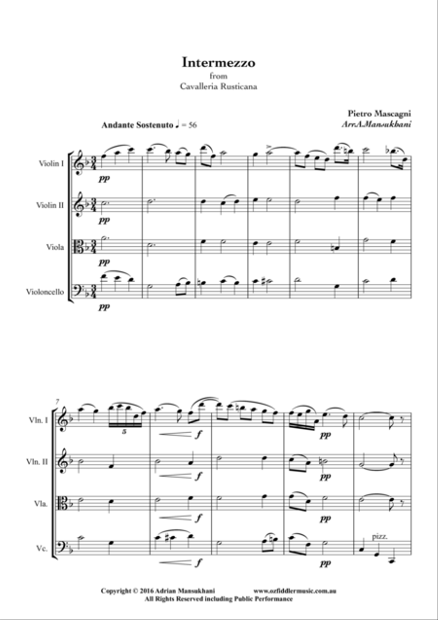 Intermezzo, from Cavalleria Rusticana, by Pietro Mascagni String Quartet scores gallery preview page 2