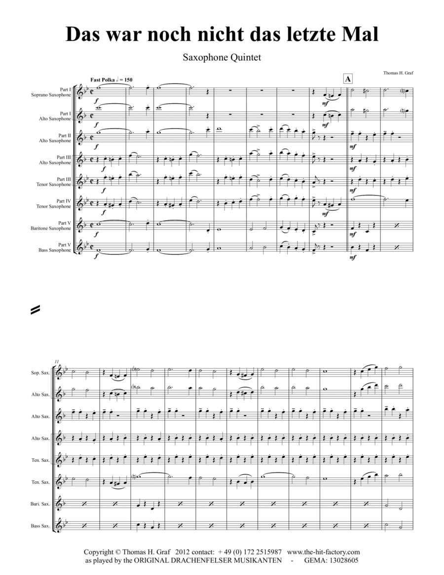 Das war noch nicht das letzte Mal - German Polka - Oktoberfest - Saxophone Quintet Saxophone Quintet scores gallery preview page 1