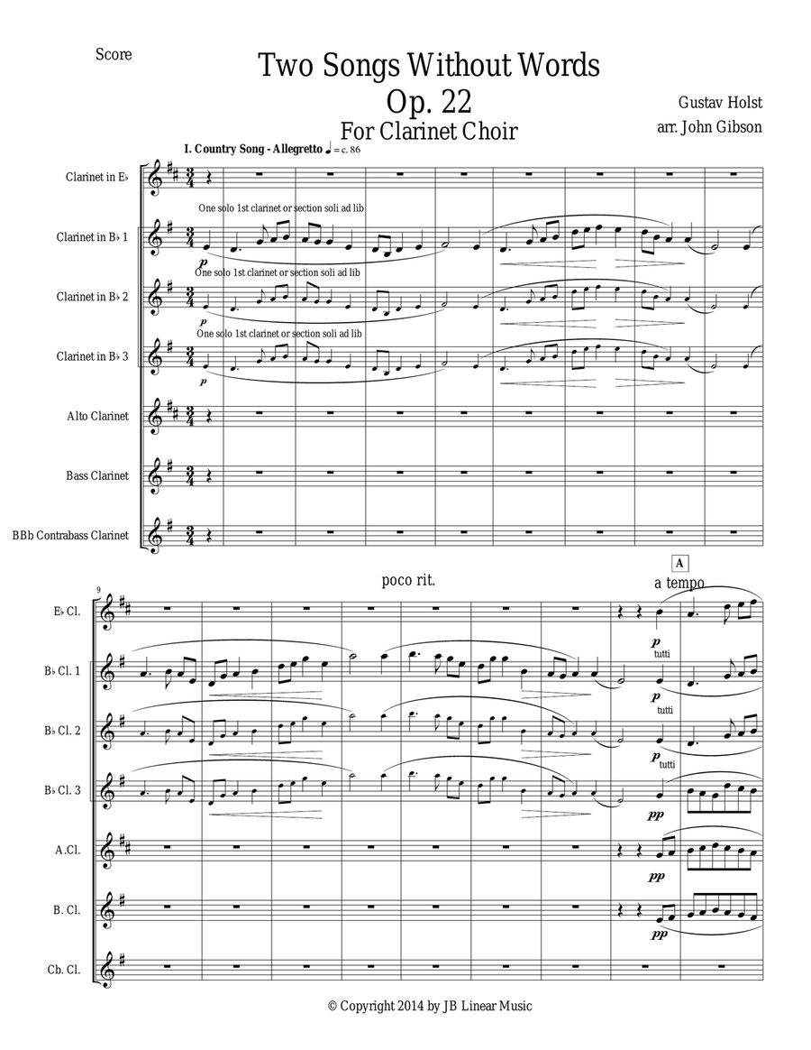 Gustav Holst - Two Songs Without Words set for Clarinet Choir Clarinet Choir scores gallery preview page 1