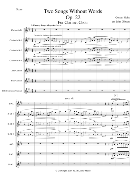 Gustav Holst - Two Songs Without Words set for Clarinet Choir image number null