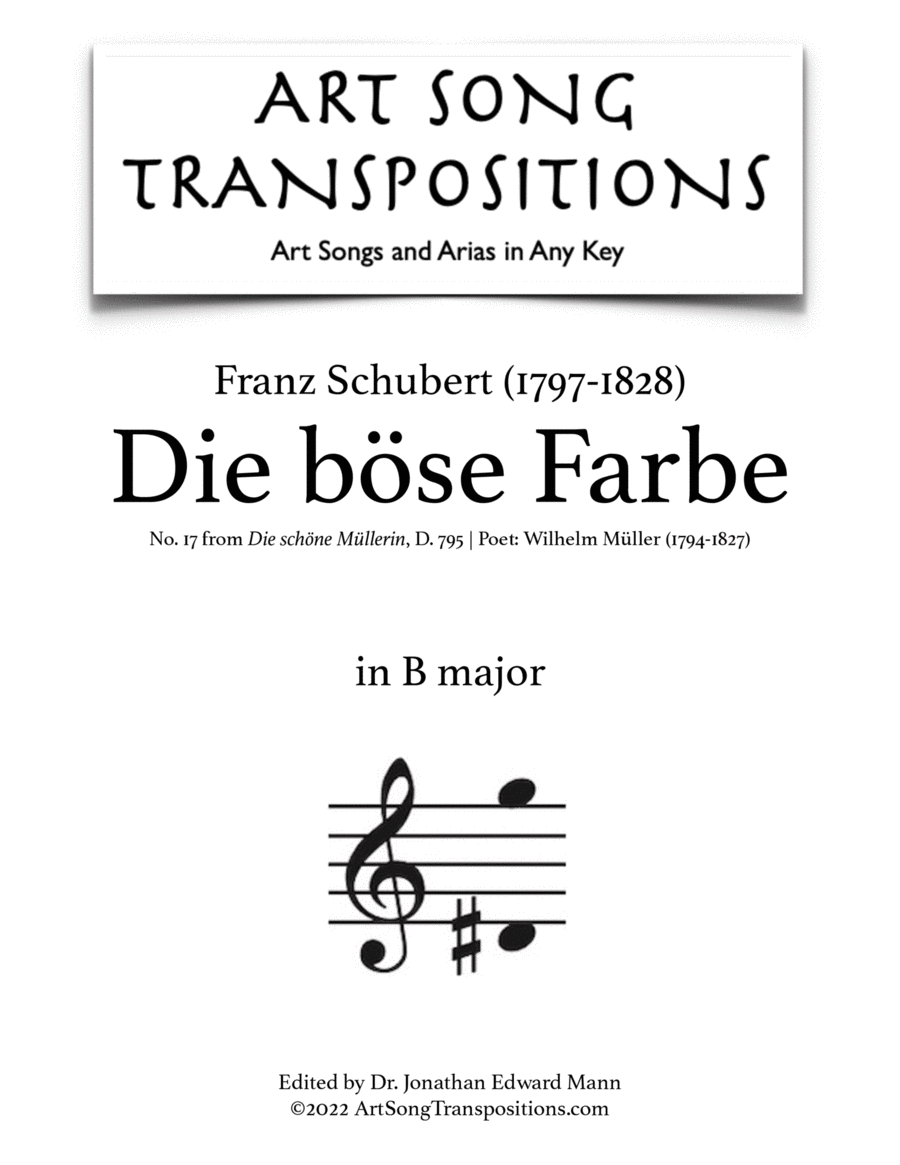SCHUBERT: Die böse Farbe, D. 795 no. 17 (transposed to B major) Voice scores gallery preview page 1