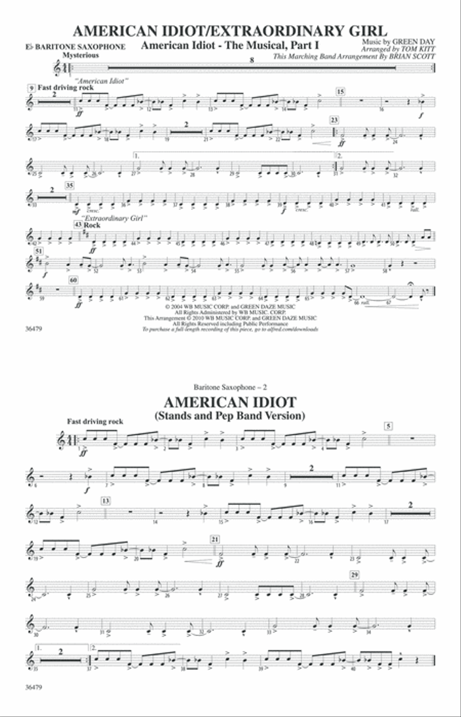 American Idiot / Extraordinary Girl: E-flat Baritone Saxophone Marching Band scores gallery preview page 1