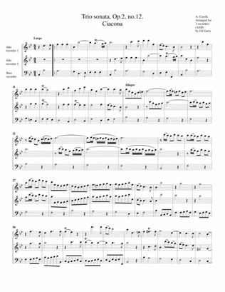 Trio sonata, Op.2, no.12 (Ciacona) (arrangement for 3 recorders)