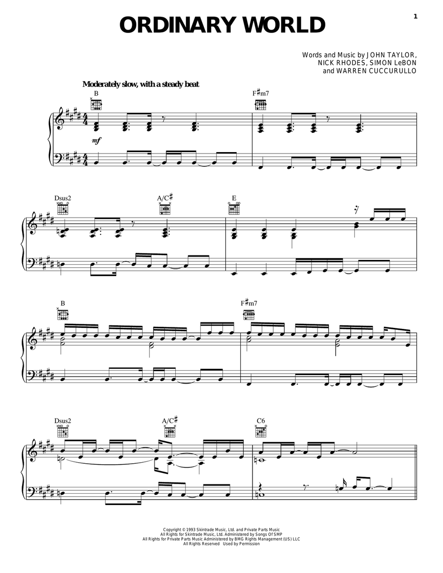 Ordinary World Piano, Vocal, Guitar scores gallery preview page 1