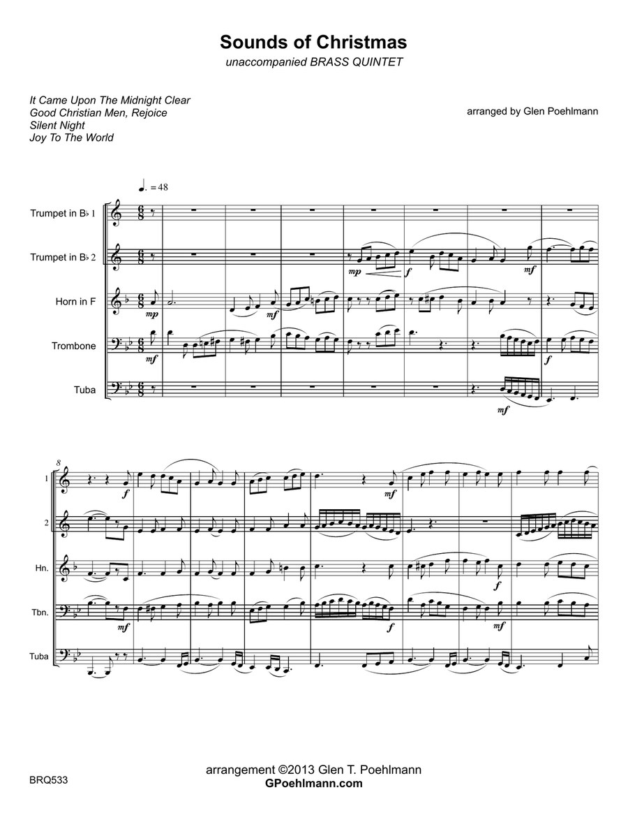 SOUNDS OF CHRISTMAS (medley of 4 carols) - BRASS QUINTET (unaccompanied) Brass Quintet scores gallery preview page 1