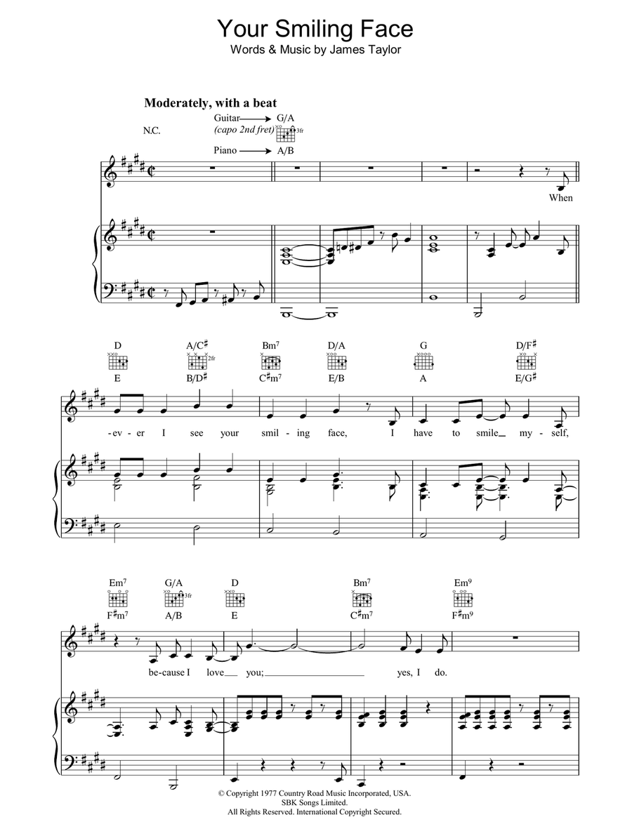 Your Smiling Face Piano, Vocal, Guitar scores gallery preview page 1