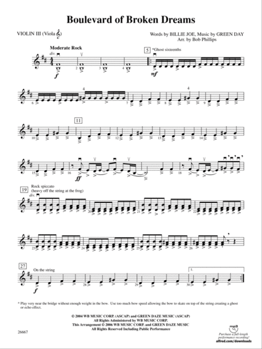Boulevard of Broken Dreams: 3rd Violin (Viola [TC]) String Orchestra scores gallery preview page 1