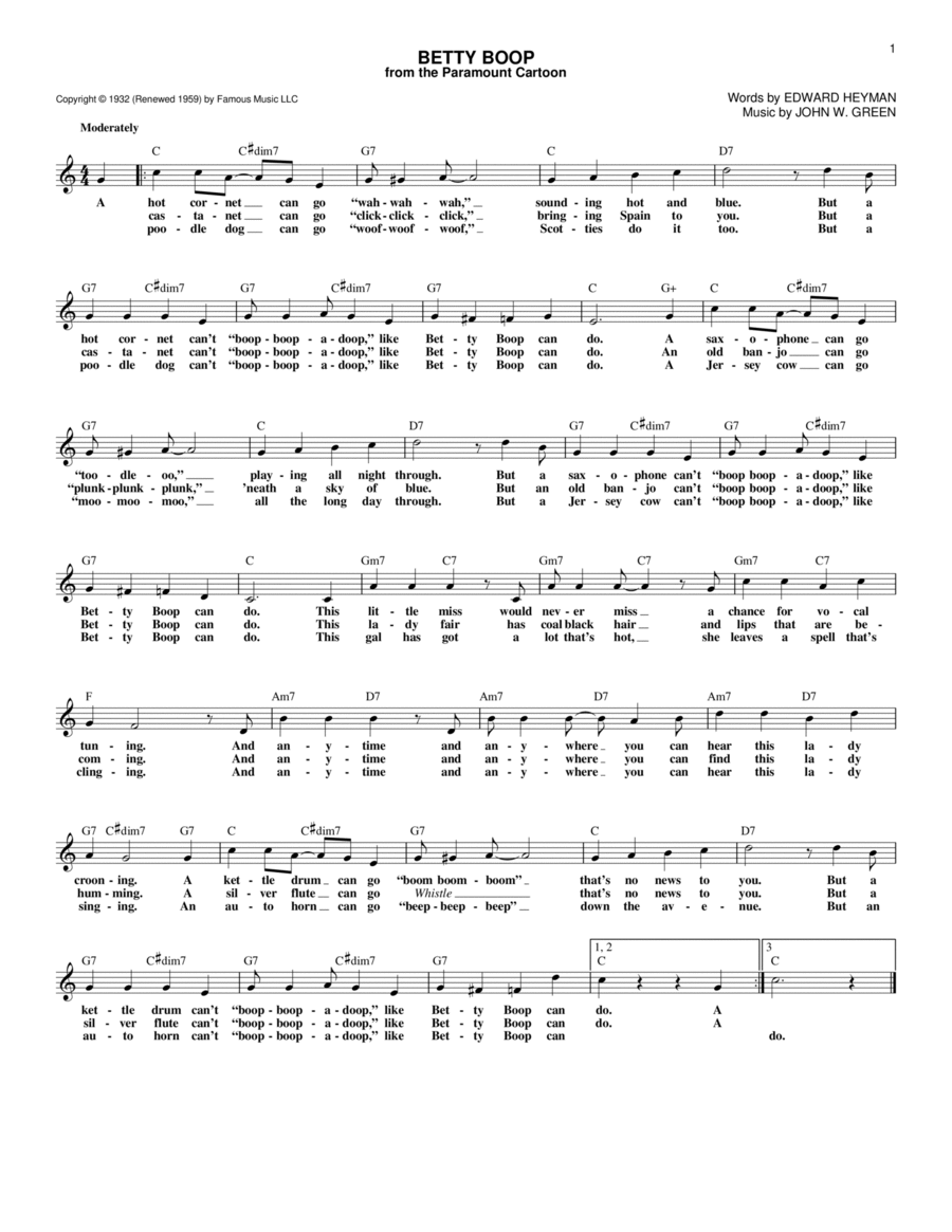 Betty Boop Betty Boop Piano scores gallery preview page 1