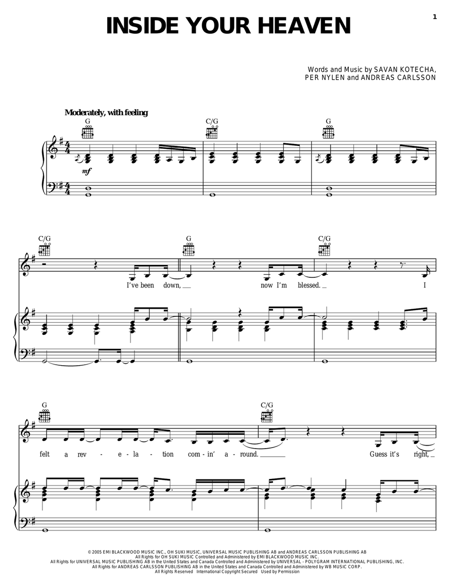 Inside Your Heaven Piano, Vocal, Guitar scores gallery preview page 1