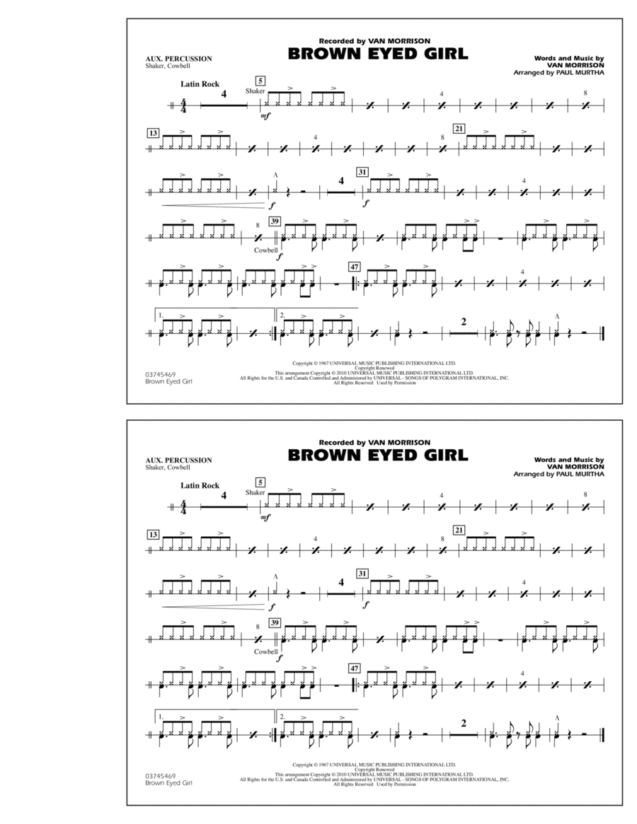 Brown Eyed Girl - Aux Percussion Marching Band scores gallery preview page 1