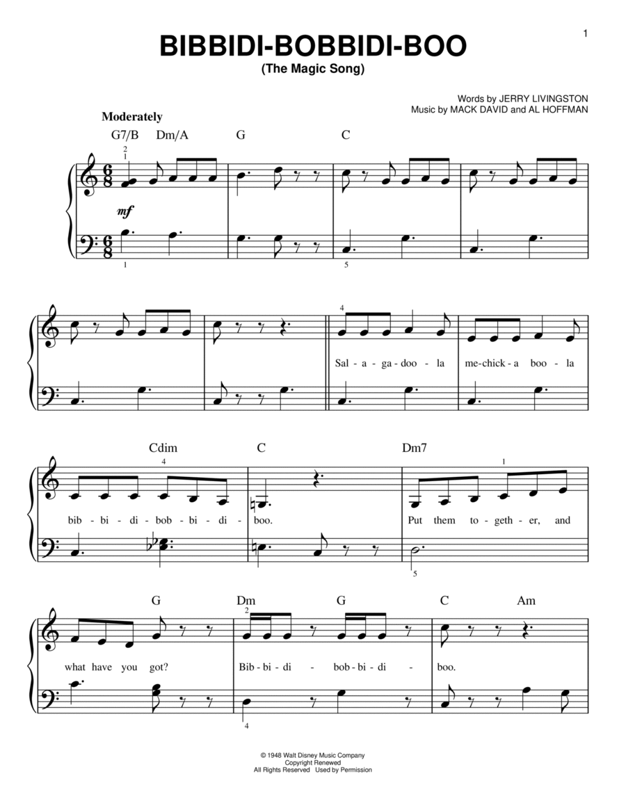 Bibbidi-Bobbidi-Boo (The Magic Song) (from the motion picture Cinderella) Easy Piano scores gallery preview page 1