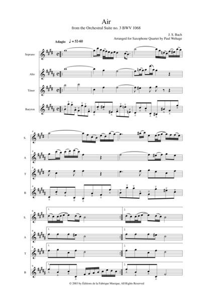 J. S. Bach: Air from the Third Orchestral Suite, arranged for SATB saxophone quartet