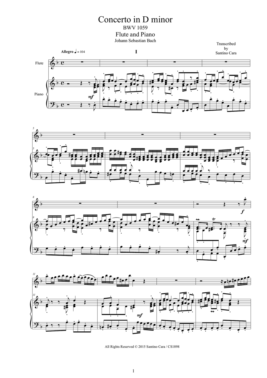 J.S.Bach - Concerto in D minor BWV 1059 for Flute and Piano Flute Solo scores gallery preview page 1