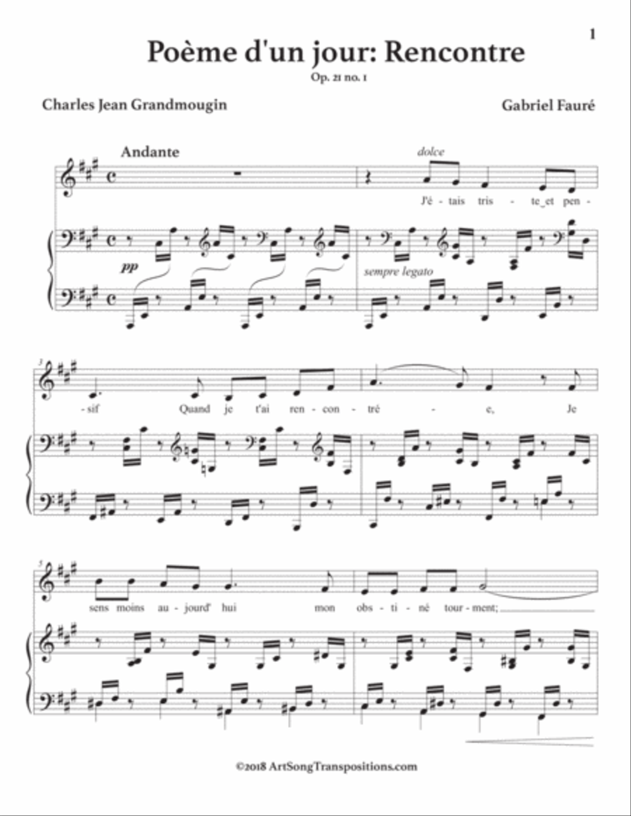 FAURÉ: Rencontre, Op. 21 no. 1 (transposed to A major) Voice scores gallery preview page 2