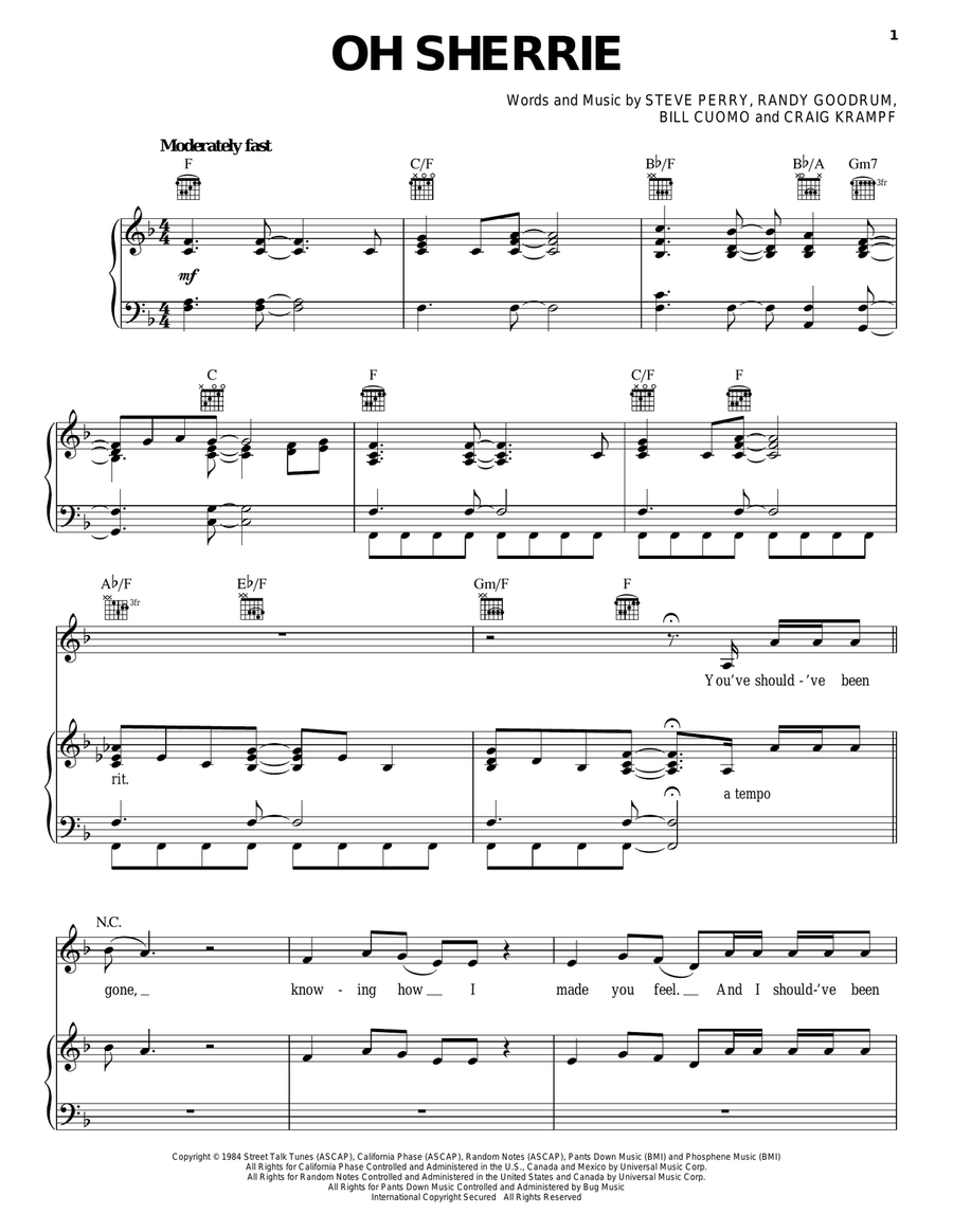 Oh Sherrie Piano, Vocal, Guitar scores gallery preview page 1