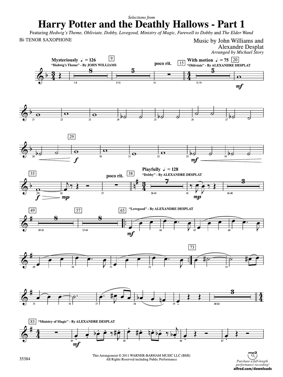 Harry Potter and the Deathly Hallows, Part 1, Selections from: B-flat Tenor Saxophone