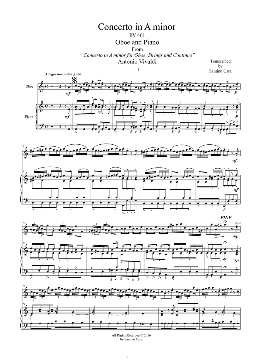Vivaldi - Oboe Concerto in A minor RV 461 for Oboe and Piano Vivaldi - Oboe Concerto in A minor RV 461 for Oboe and Piano Piano scores gallery preview page 1