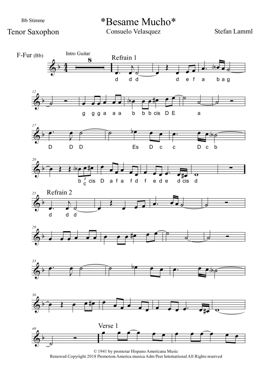 Bésame Mucho Tenor Saxophone scores gallery preview page 1