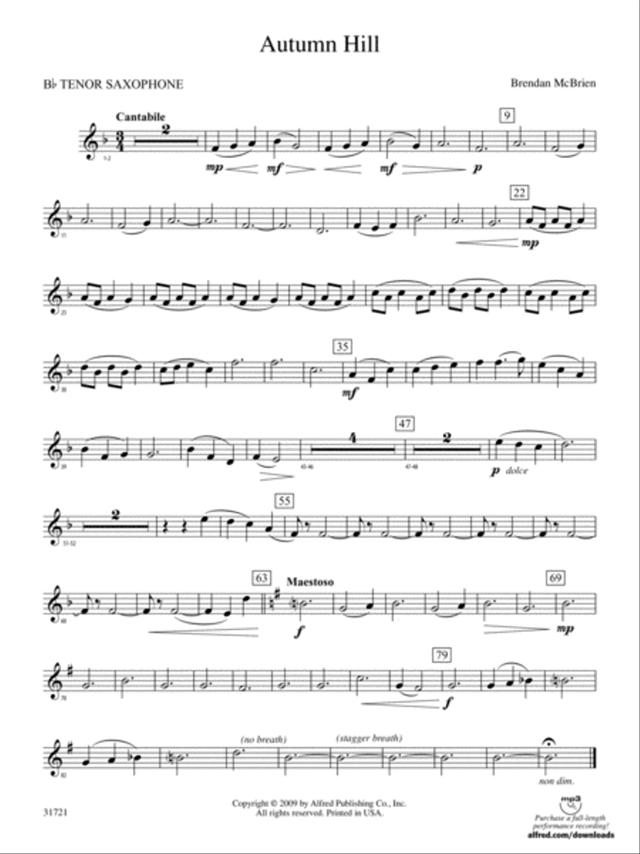 Autumn Hill: B-flat Tenor Saxophone Concert Band scores gallery preview page 1