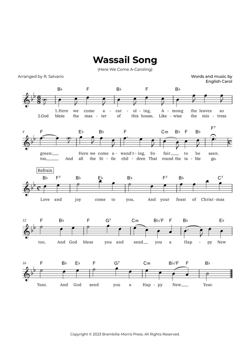 Wassail Song (Here We Come A-Caroling) - Key of B-Flat Major image number null