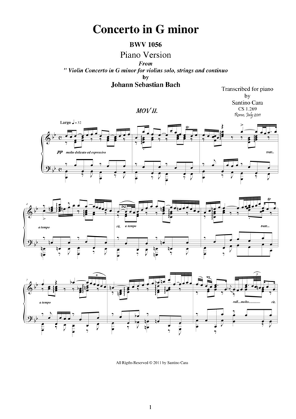 J.S.Bach - Violin Concerto in G minor BWV 1056 - mov 2 Largo - Piano solo image number null