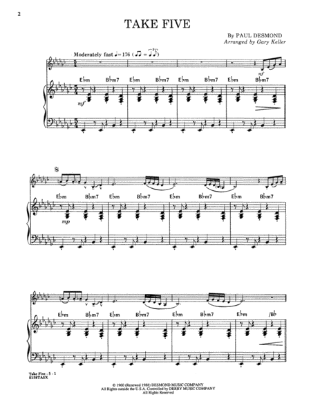 Take Five by Paul Desmond Alto Saxophone - Sheet Music