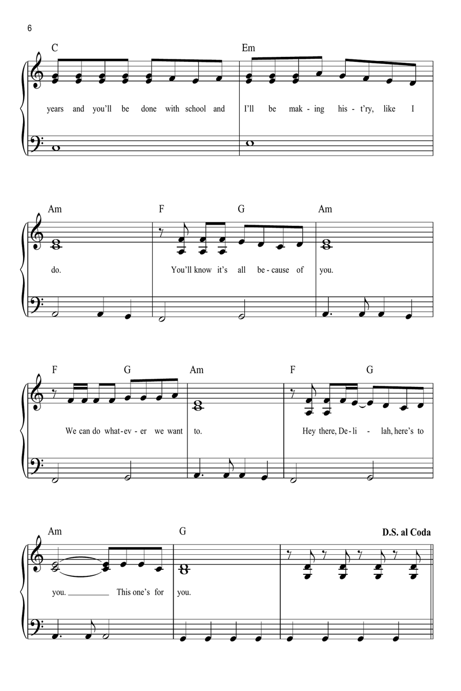 Hey There Delilah Easy Piano scores gallery preview page 6