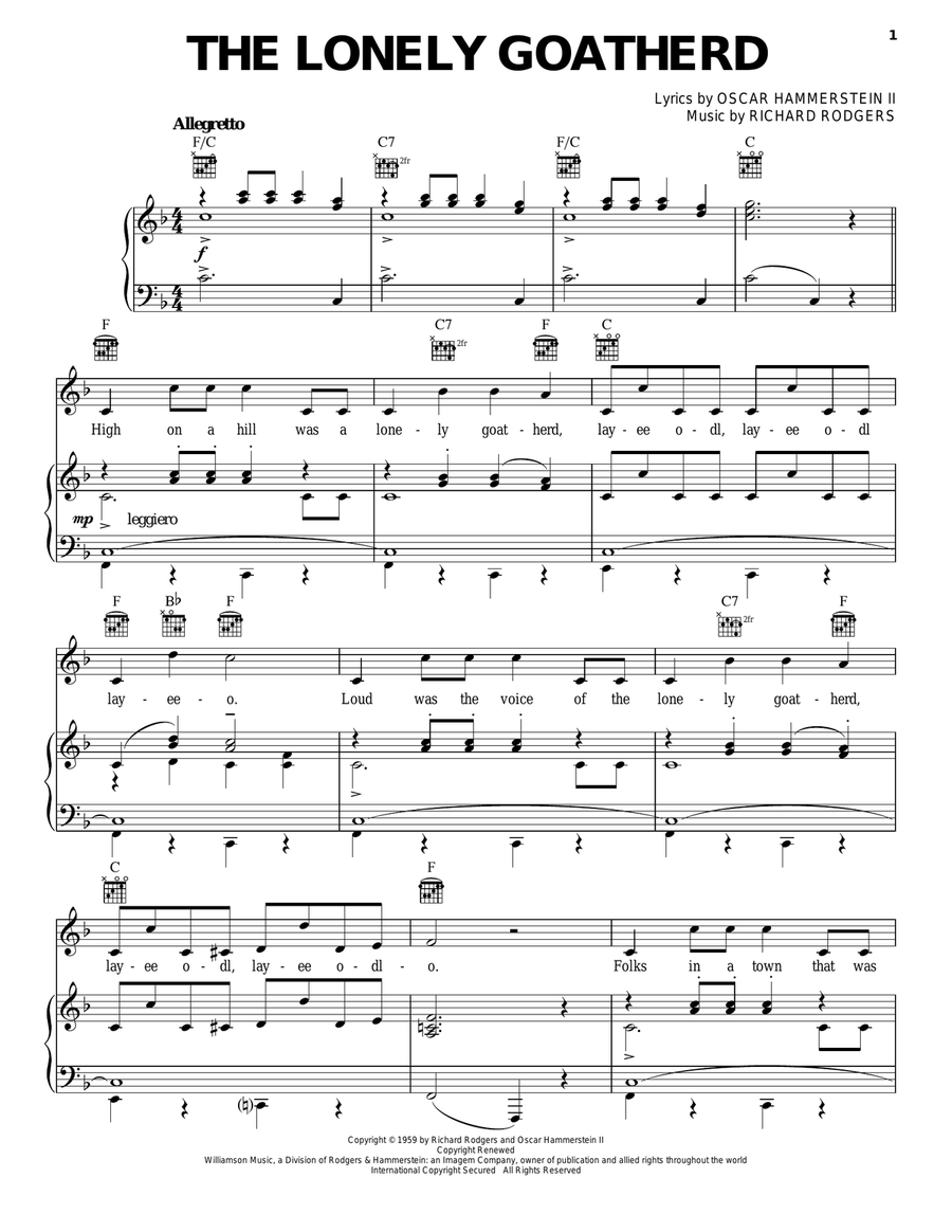The Lonely Goatherd (from The Sound of Music) Piano, Vocal, Guitar scores gallery preview page 1