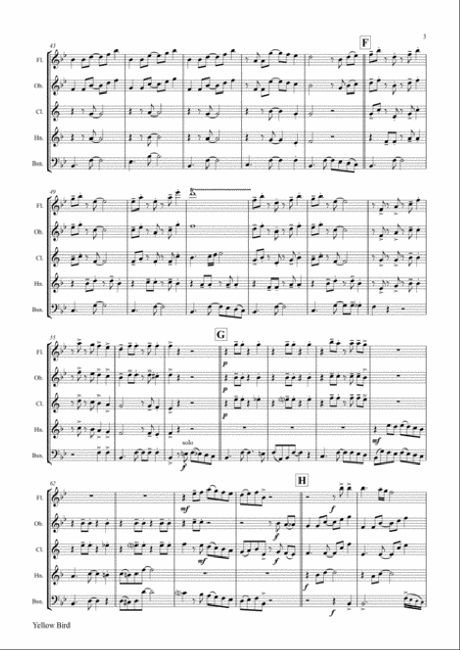 Yellow Bird - Haitian Folk Song - Calypso - Wind Quintet Woodwind Quintet scores gallery preview page 4