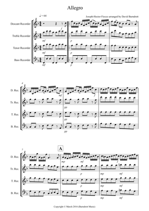 Allegro by Fiocco for Recorder Quartet
