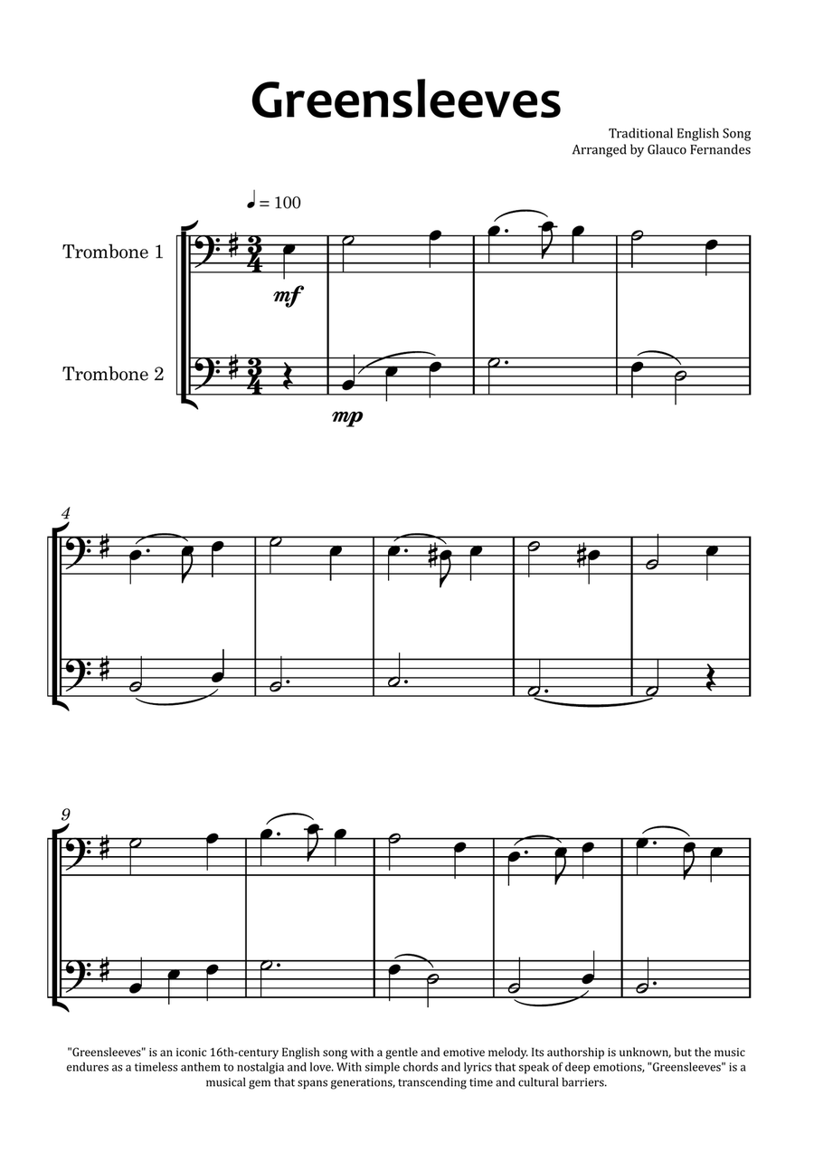 Greensleeves Trombone Duet scores gallery preview page 1