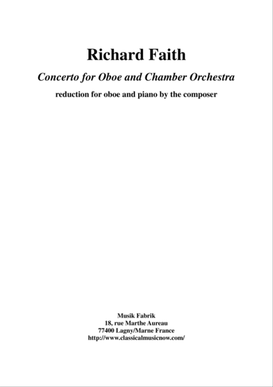 Richard Faith : Concerto for oboe and chamber orchestra, piano reduction and solo part