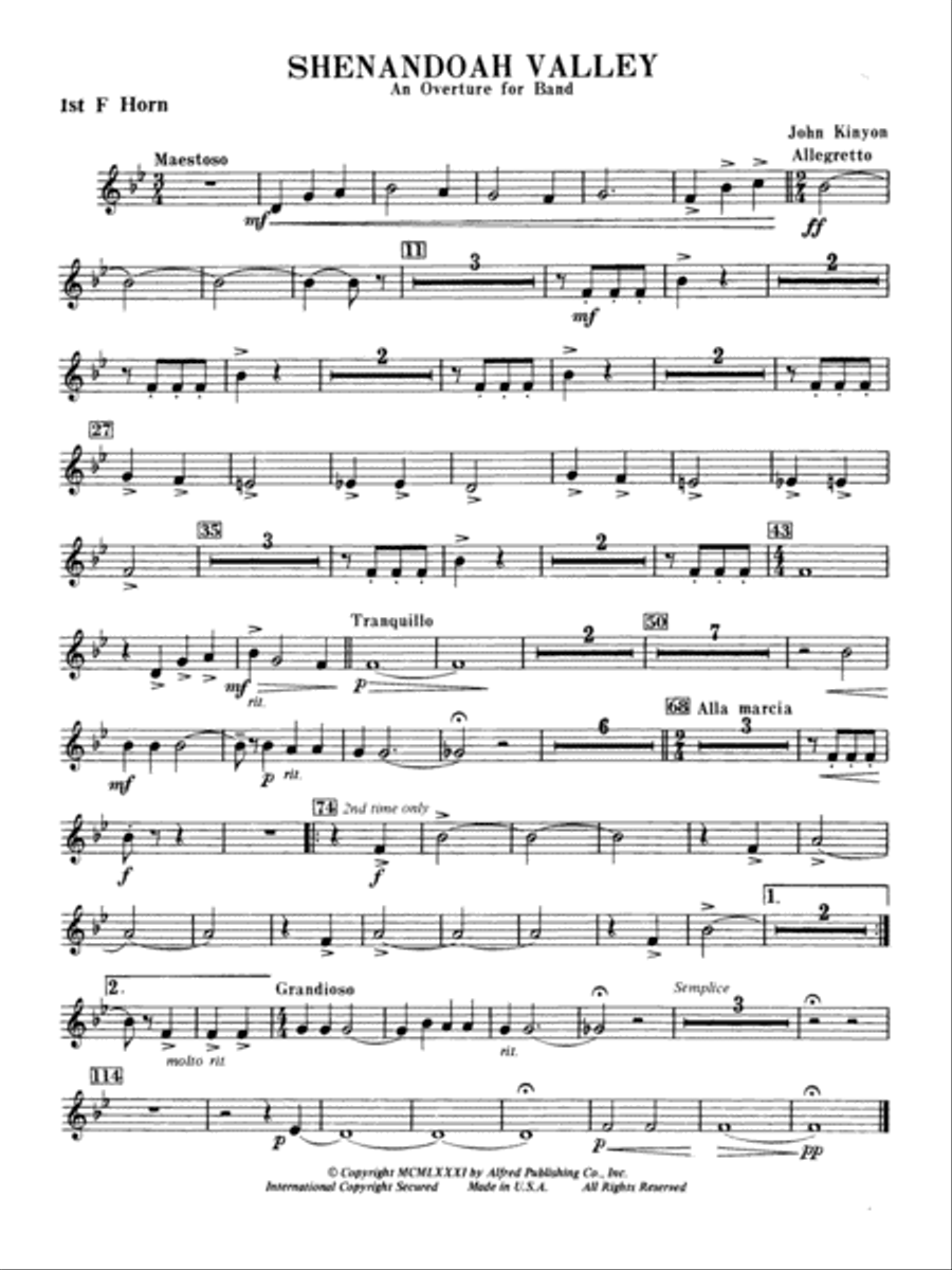Shenandoah Valley: 1st F Horn Concert Band scores gallery preview page 1