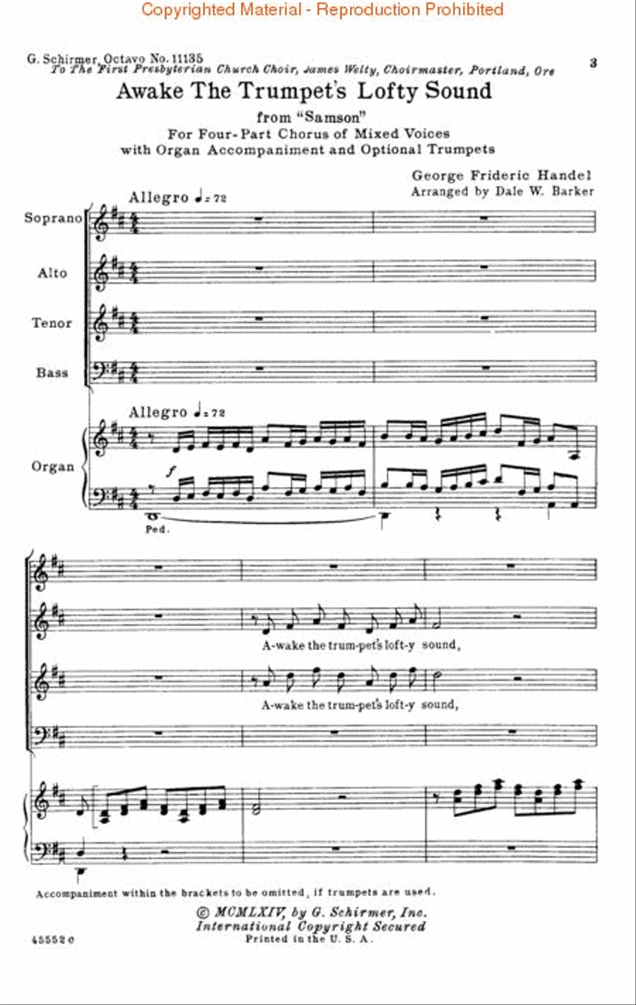 Awake the Trumpet's Lofty Sound (from Samson) 4-Part scores gallery preview page 2