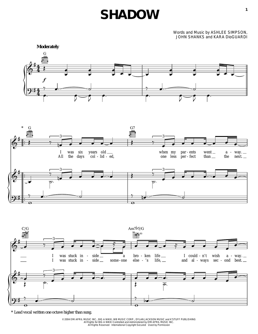 Shadow Piano, Vocal, Guitar scores gallery preview page 1
