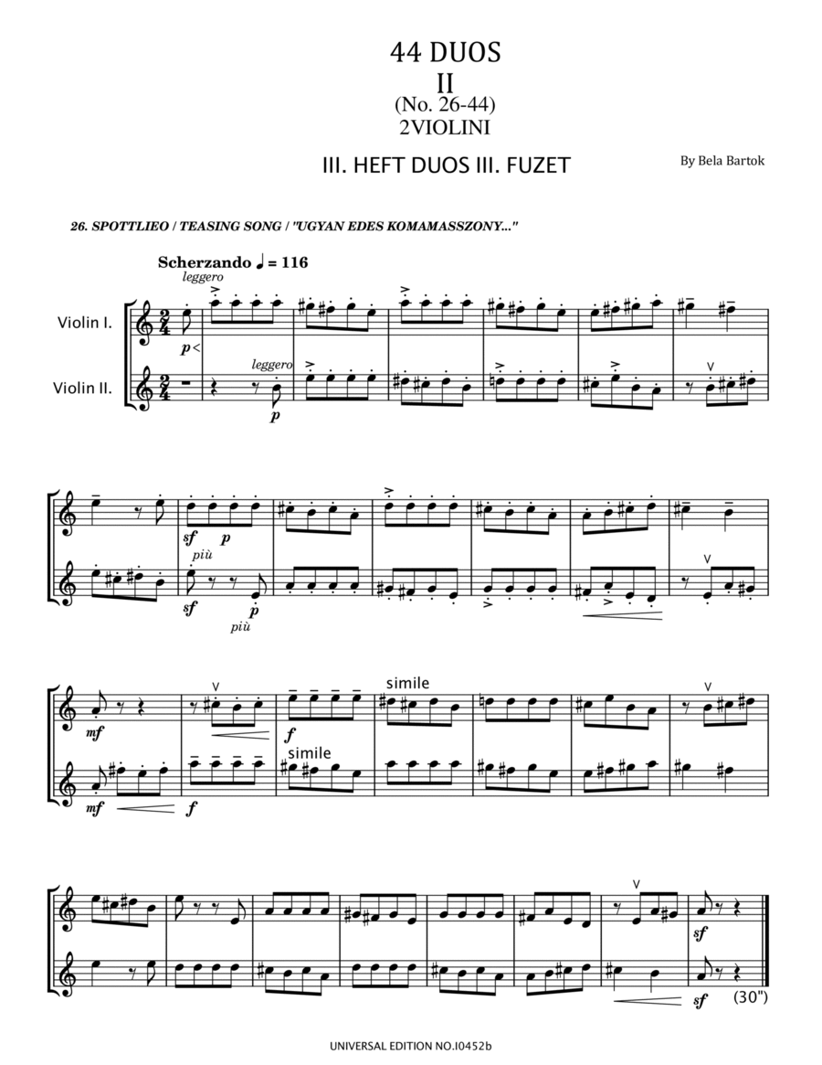 Béla Bartók - 44 Duos for Two Violins, Sz.98, BB 104 - No.26-44 Original String Duet scores gallery preview page 1