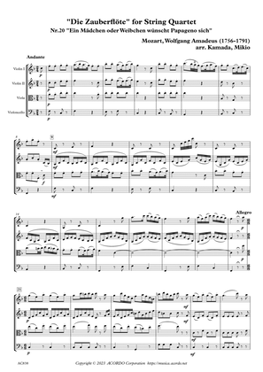 "Die Zauberflöte" for String Quartet, Nr.20 "Ein Mädchen oder Weibchen wünscht Papageno sich"