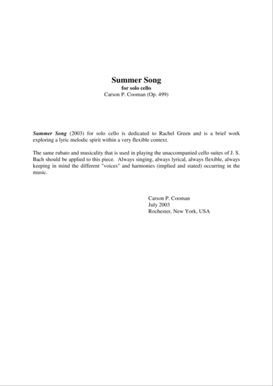 Carson Cooman: Summer Song (2003) for solo cello Cello Solo scores gallery preview page 1