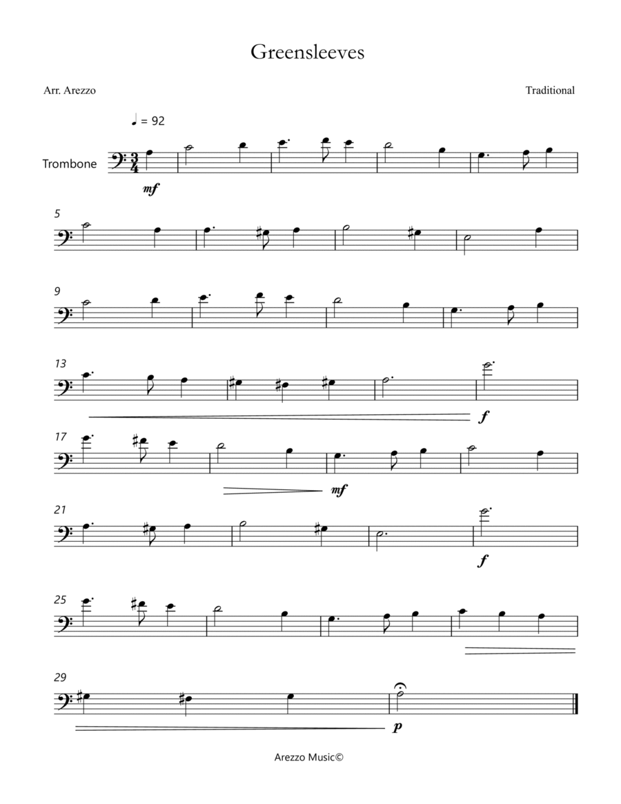 Greensleeves Lead Sheet for Trombone Trombone scores gallery preview page 1