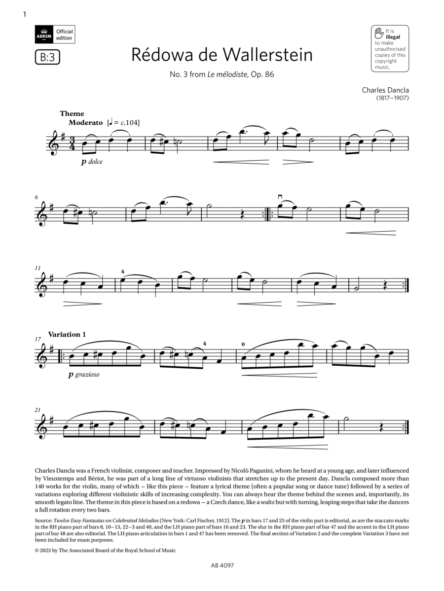 Rédowa de Wallerstein (Grade 3, B3, from the ABRSM Violin Syllabus from 2024) Violin Solo scores gallery preview page 1