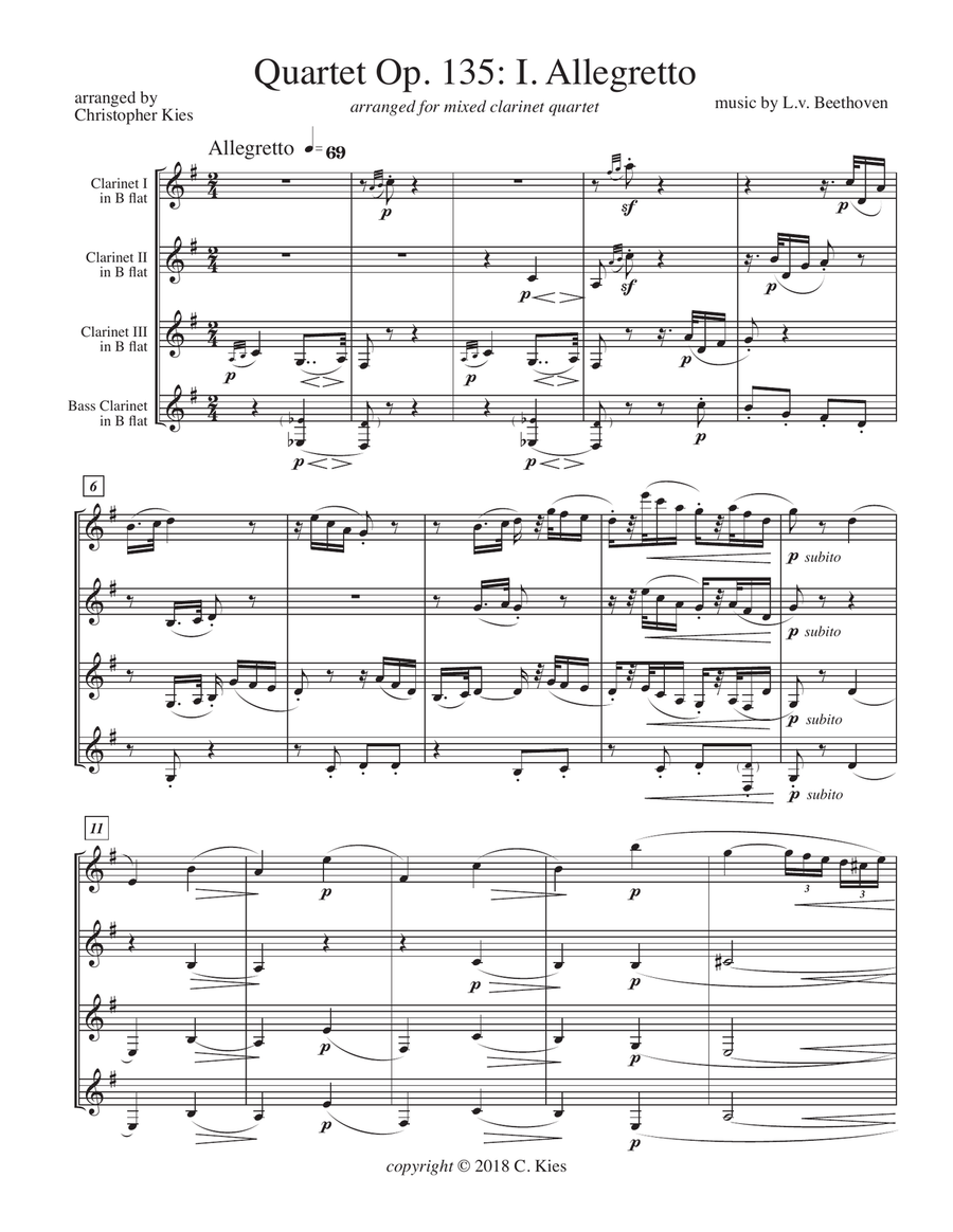 Quartet in F Major, Opus 135, movement 1, Allegretto, for mixed clarinet quartet Clarinet Quartet scores gallery preview page 3
