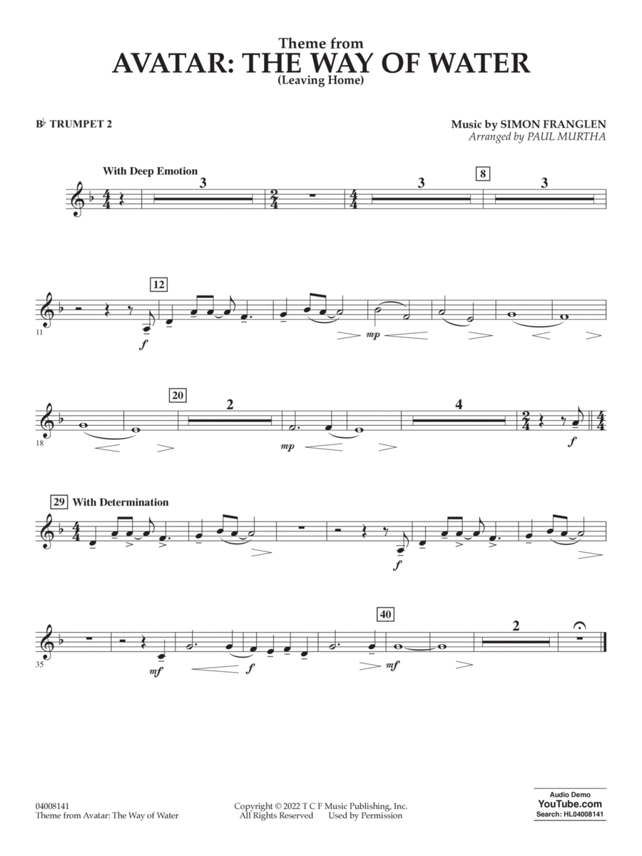 Theme from Avatar: The Way of Water (arr. Paul Murtha) - Bb Trumpet 2