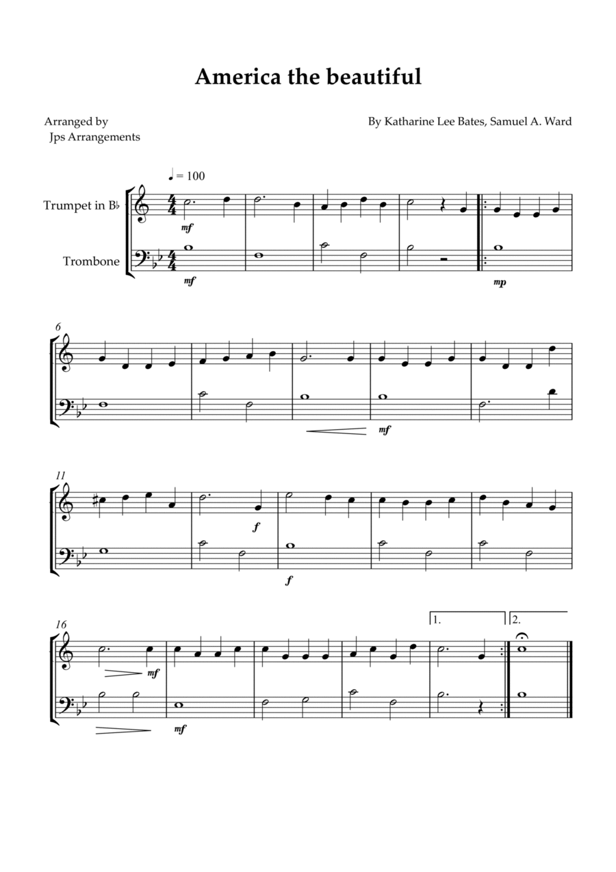 America The Beautiful - duet for Trumpet and Trombone Brass Duet scores gallery preview page 1