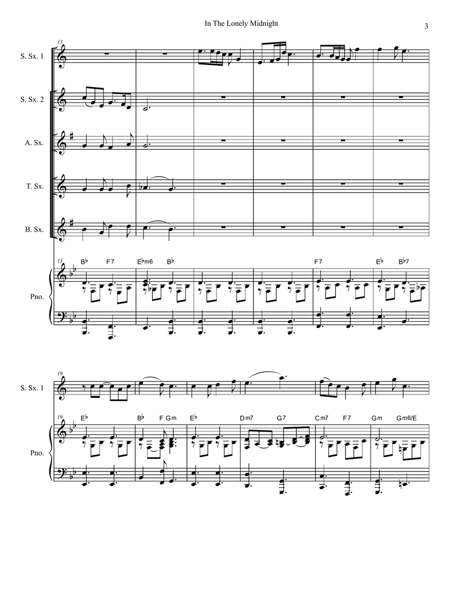 Silent Night / In The Lonely Midnight (for Saxophone Quintet and Piano) Saxophone Quintet scores gallery preview page 4