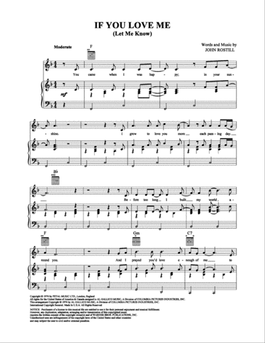 If You Love Me (Let Me Know) Piano, Vocal, Guitar scores gallery preview page 1