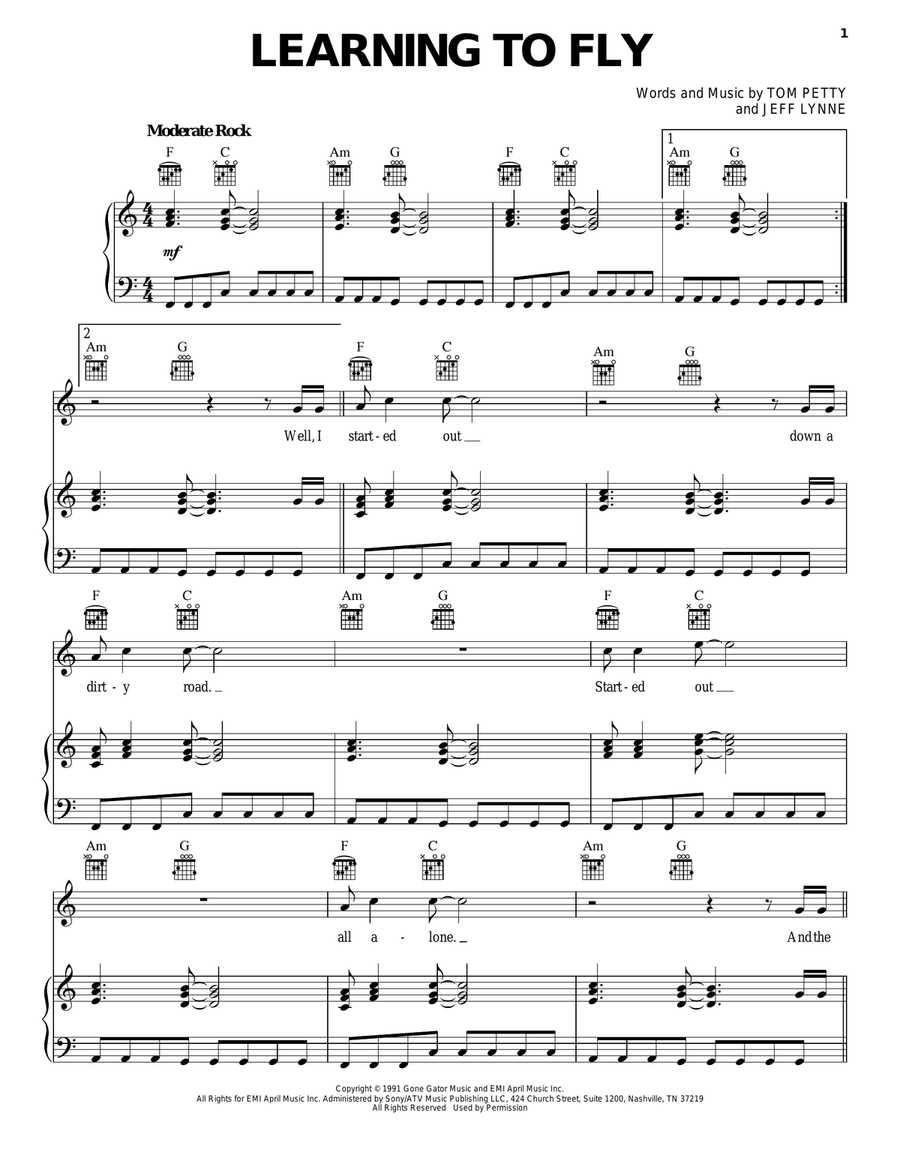 Learning To Fly Piano, Vocal, Guitar scores gallery preview page 1